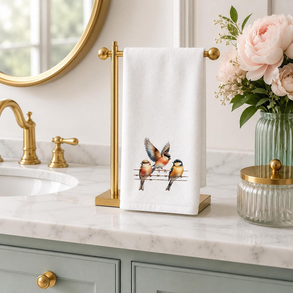 Fingertip Towel, Songbird Print with White Polyester Front and Cotton Terry Back