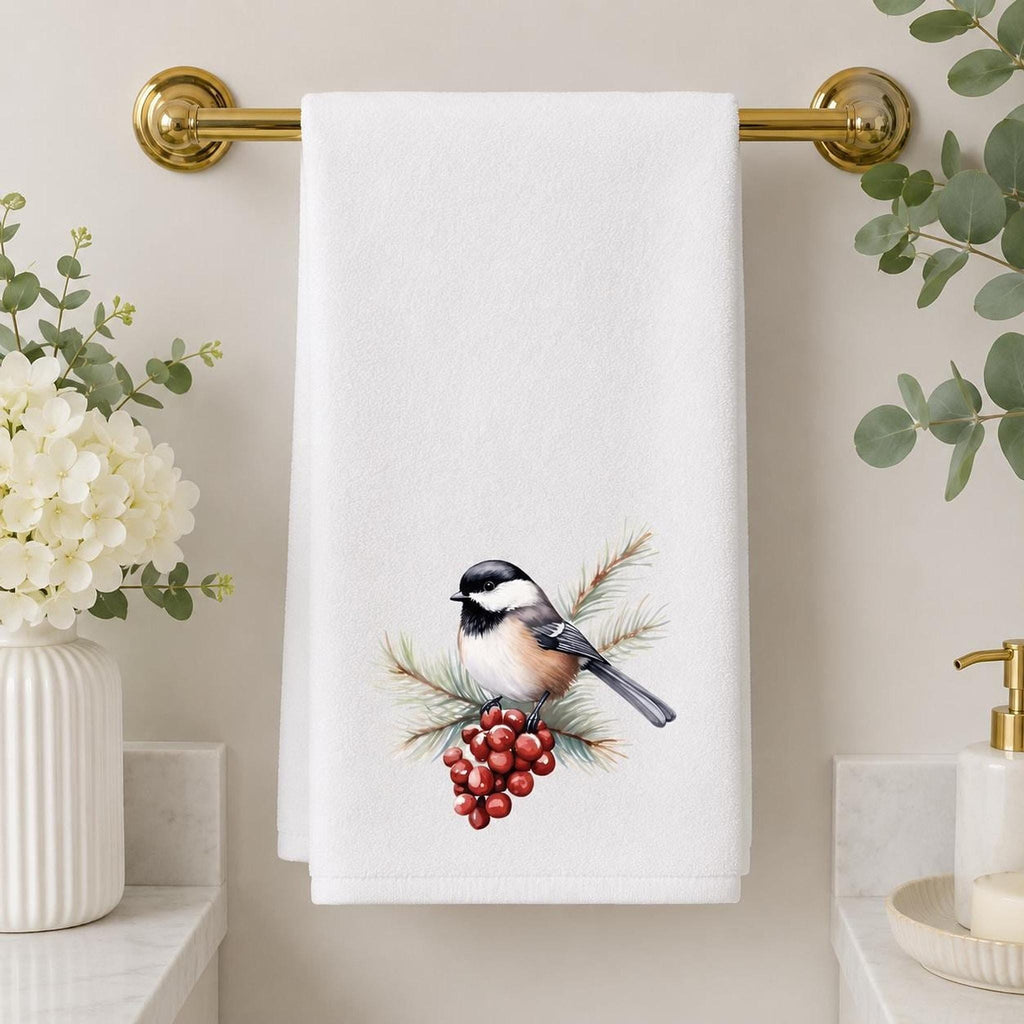 Chickadee Towel, White Sheared Polyester With Cotton Terrycloth Guest Bath Decor