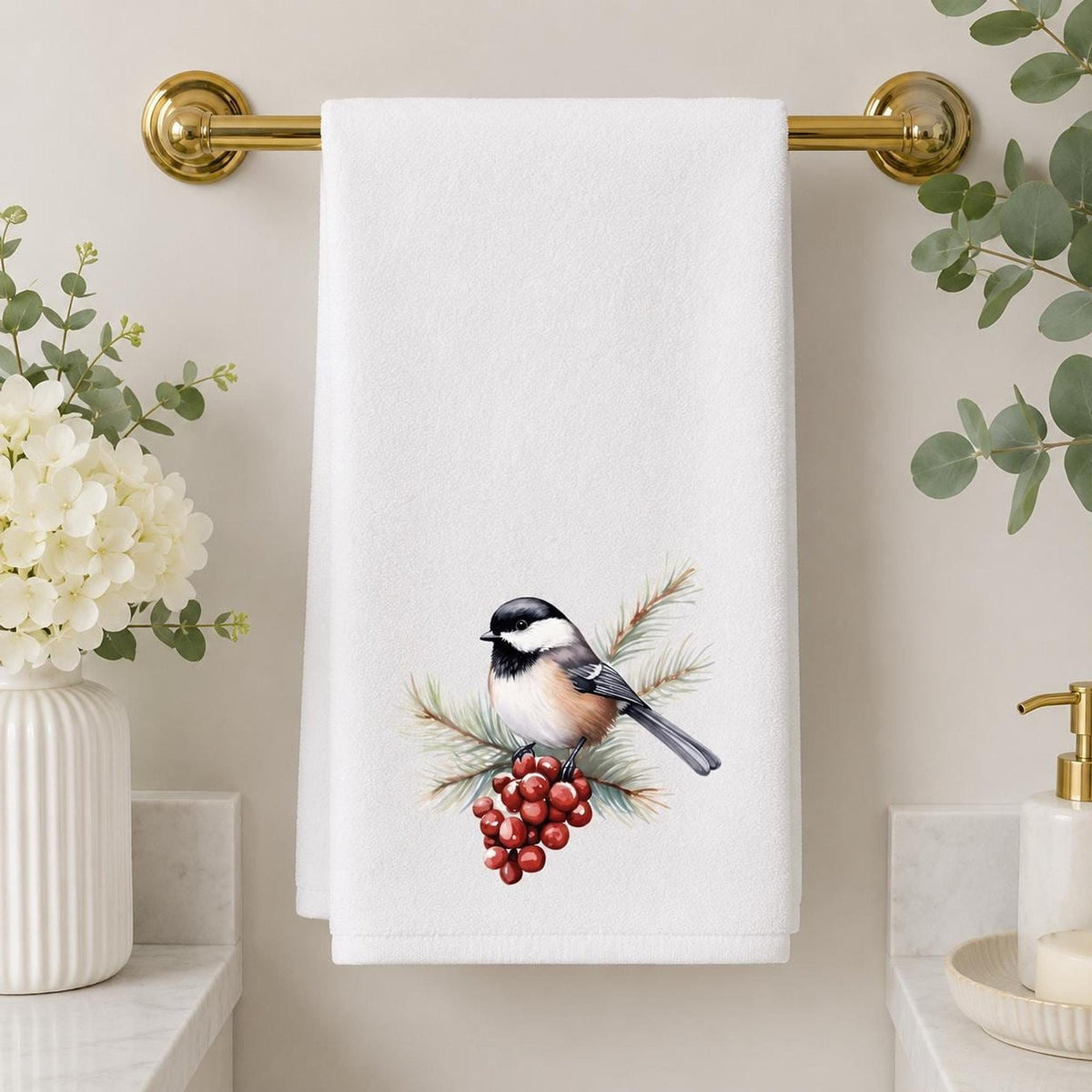 Chickadee Towel, White Sheared Polyester With Cotton Terrycloth Guest Bath Decor