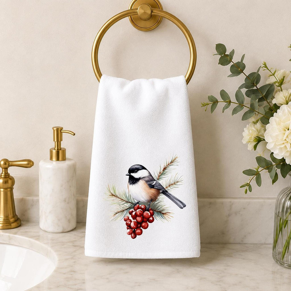 Chickadee Towel, White Sheared Polyester With Cotton Terrycloth Guest Bath Decor
