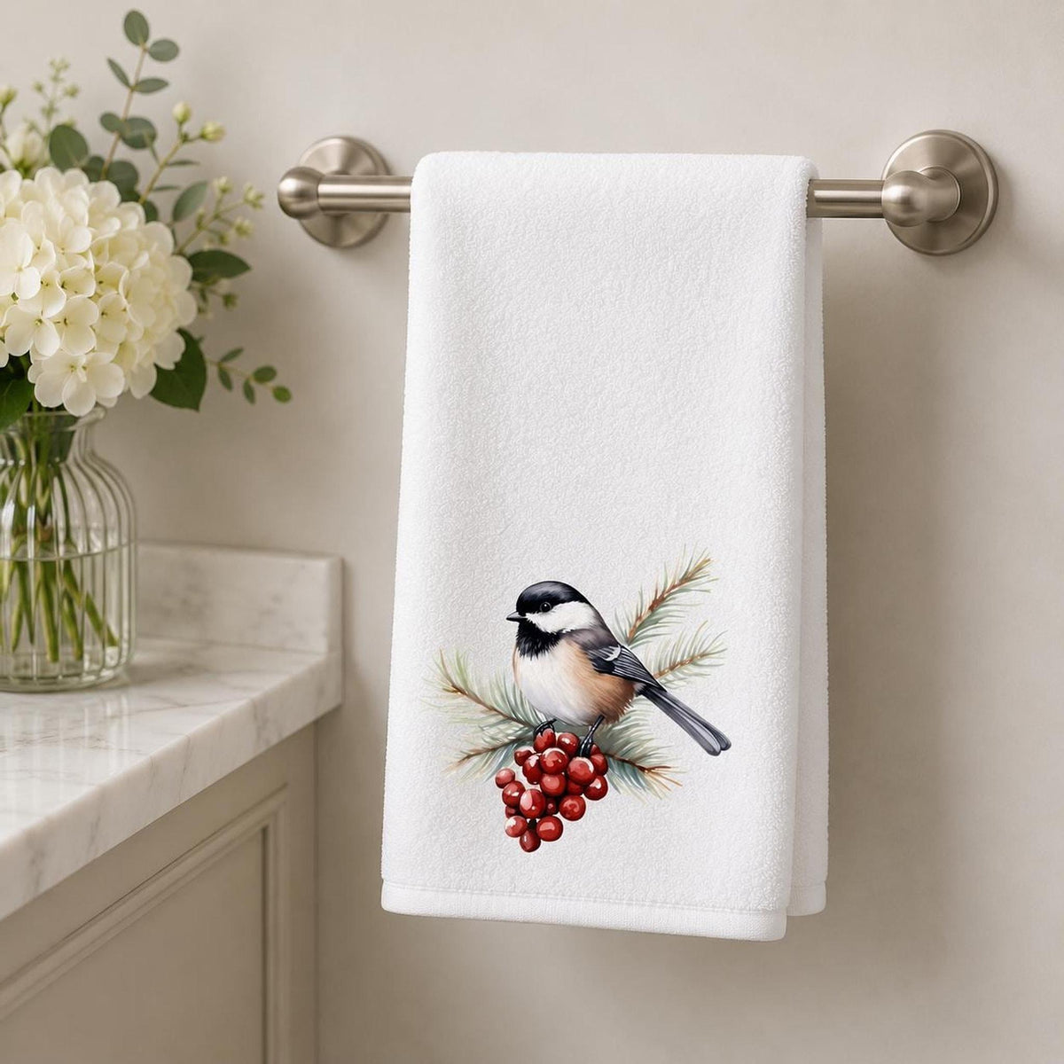 Chickadee Towel, White Sheared Polyester With Cotton Terrycloth Guest Bath Decor