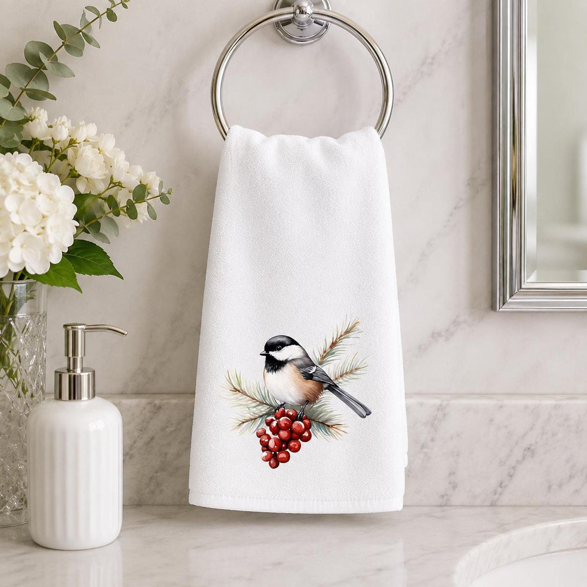 Chickadee Towel, White Sheared Polyester With Cotton Terrycloth Guest Bath Decor