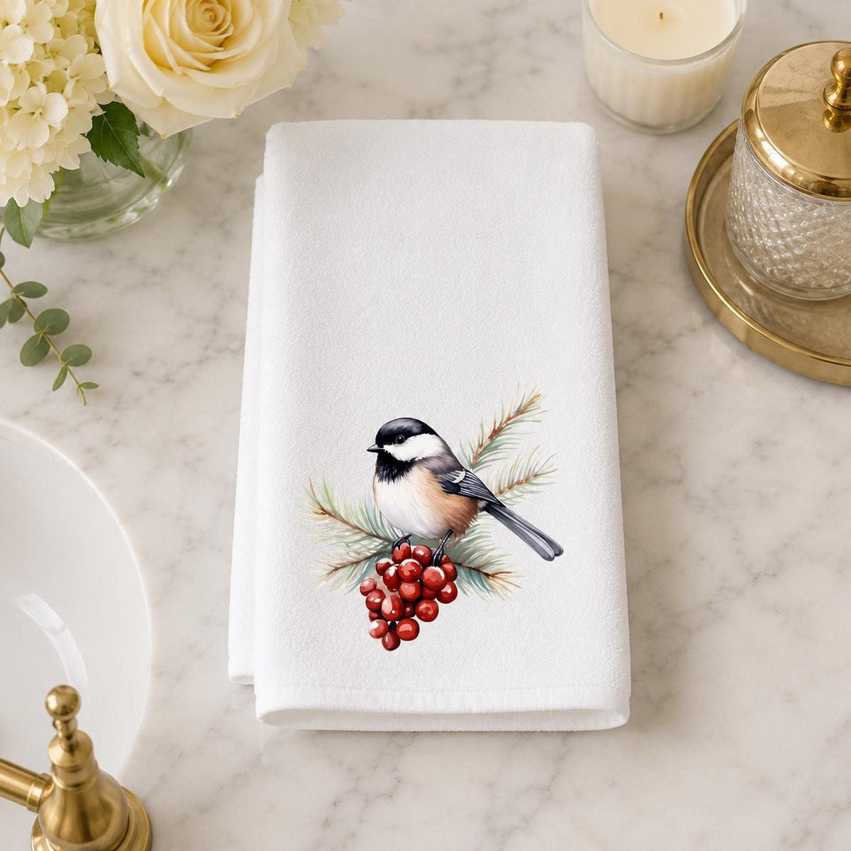 Chickadee Towel, White Sheared Polyester With Cotton Terrycloth Guest Bath Decor