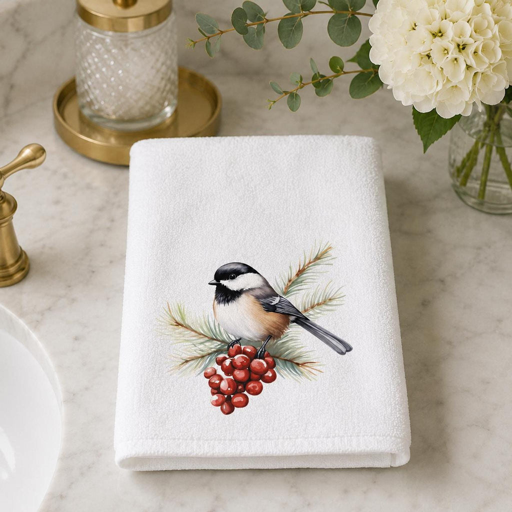 Chickadee Towel, White Sheared Polyester With Cotton Terrycloth Guest Bath Decor
