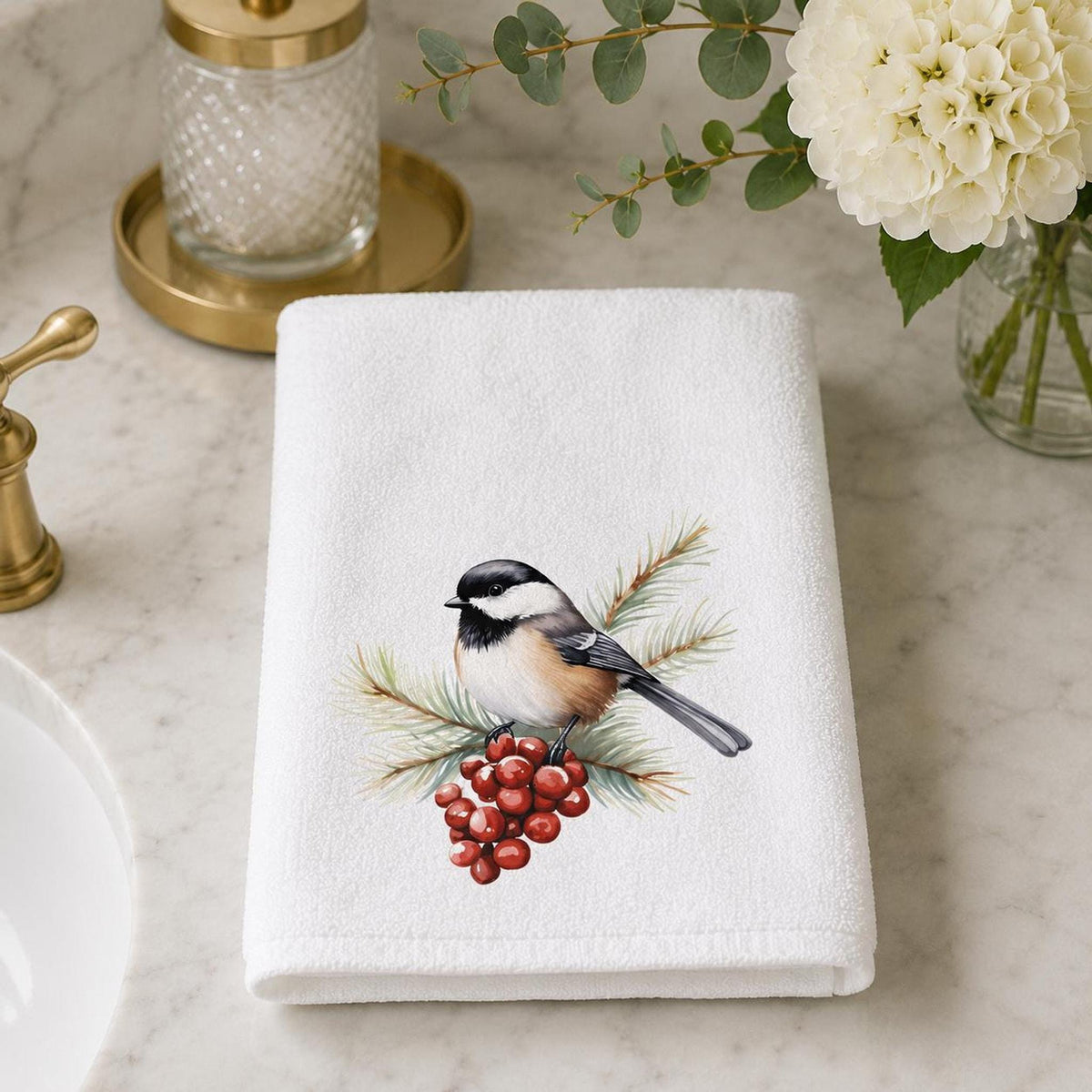 Chickadee Towel, White Sheared Polyester With Cotton Terrycloth Guest Bath Decor