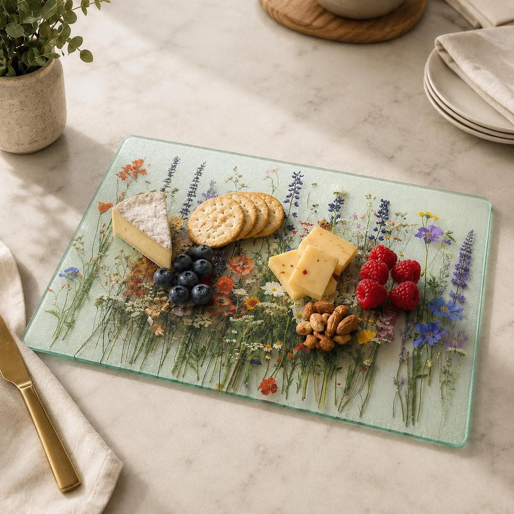 Glass Cutting Board, Wildflower Serving Tray, 8x11 or 11x15 Inches