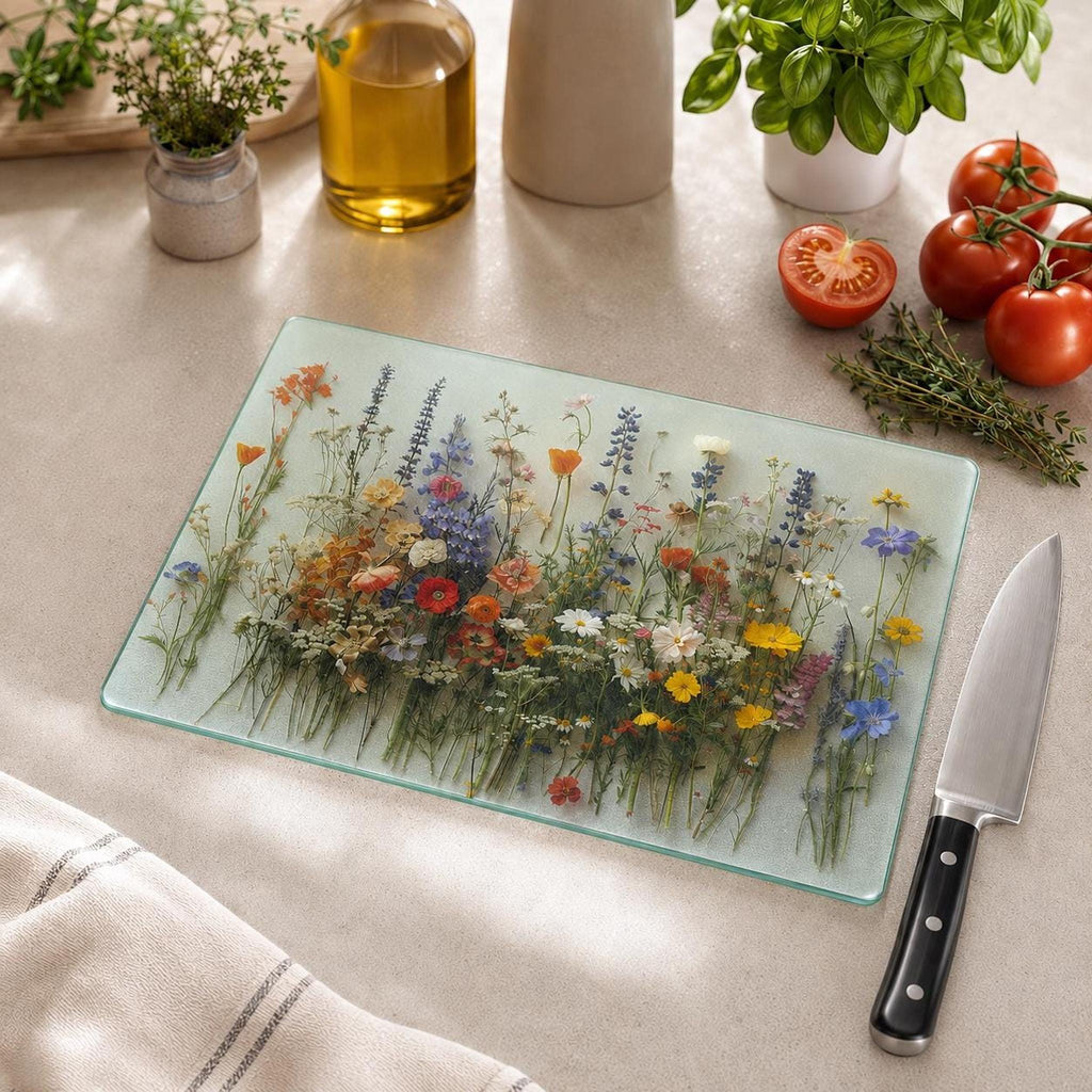 Glass Cutting Board, Wildflower Serving Tray, 8x11 or 11x15 Inches