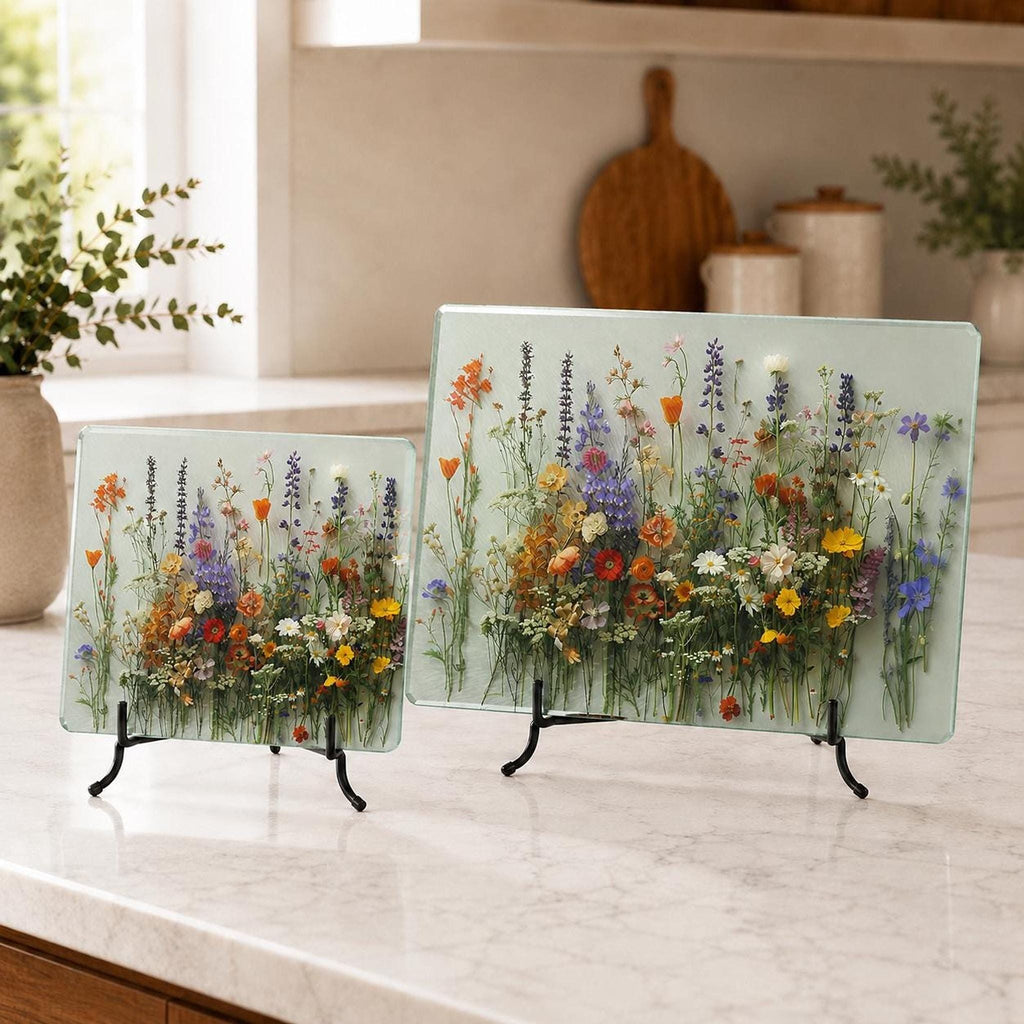 Glass Cutting Board, Wildflower Serving Tray, 8x11 or 11x15 Inches