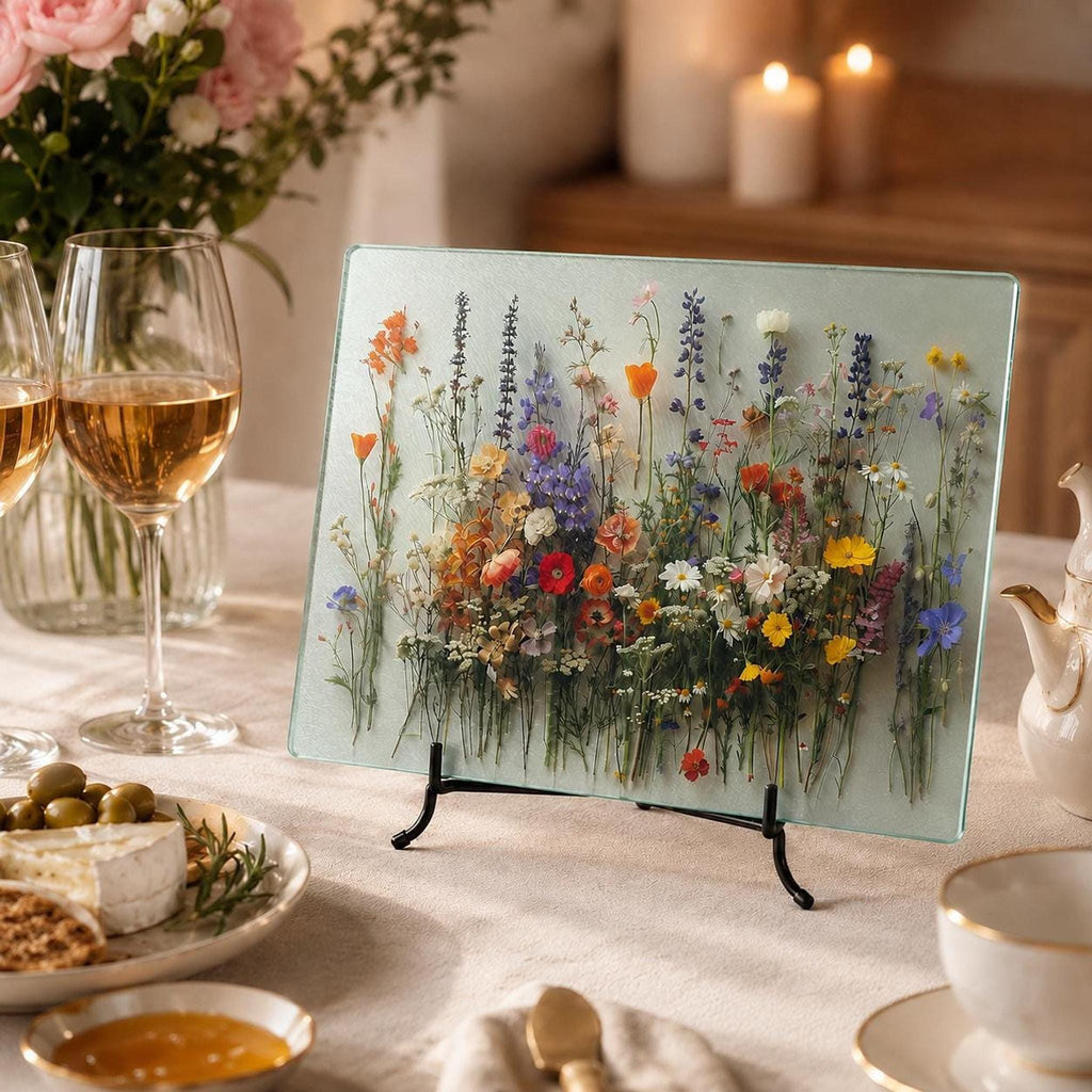 Glass Cutting Board, Wildflower Serving Tray, 8x11 or 11x15 Inches