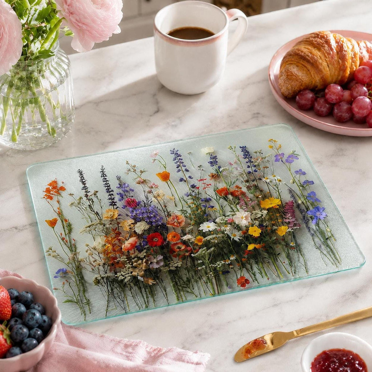 Glass Cutting Board, Wildflower Serving Tray, 8x11 or 11x15 Inches