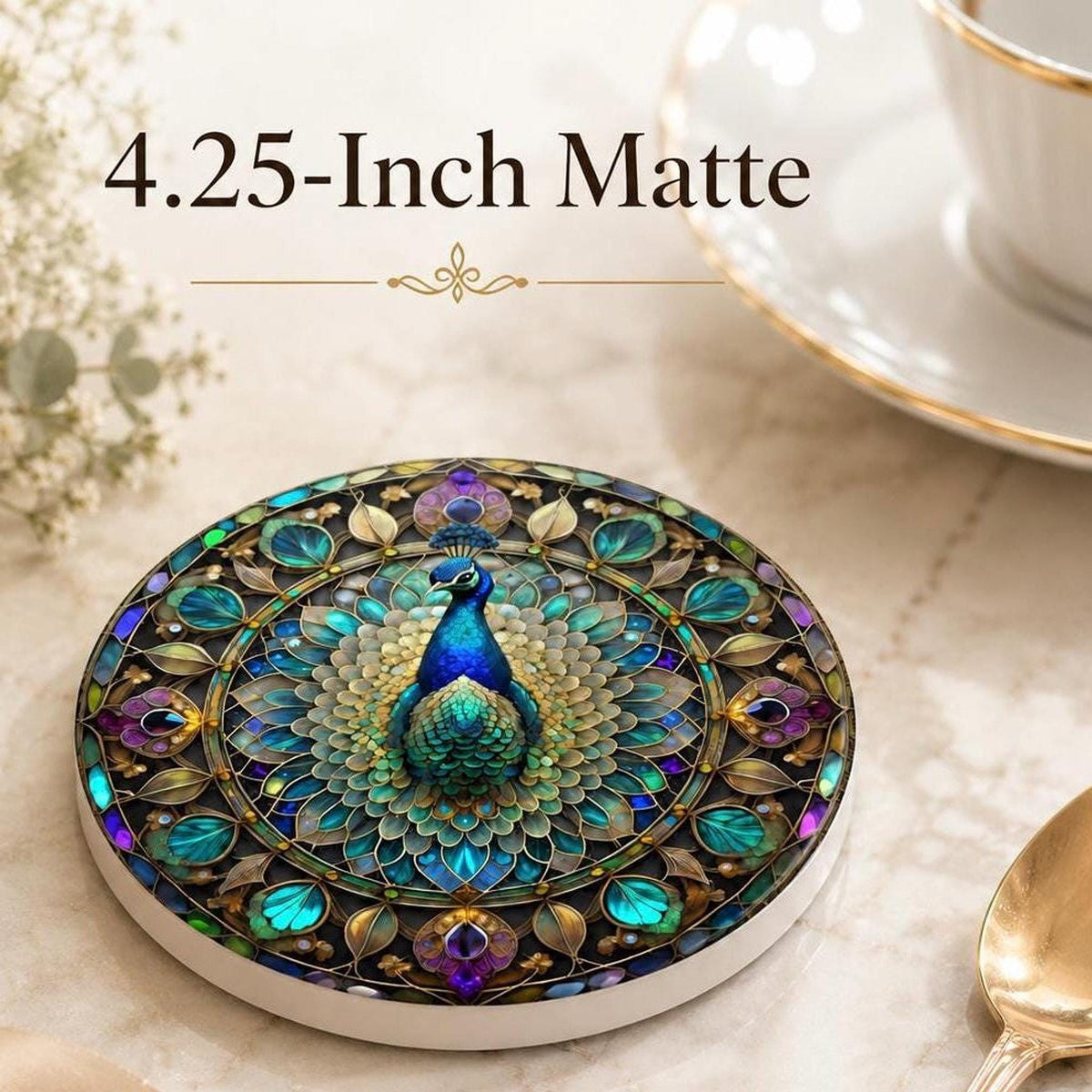 Peacock Ceramic Coaster, Jewel Tone Bird Decor, Ornate Floral Accent, Nature Lover Gift