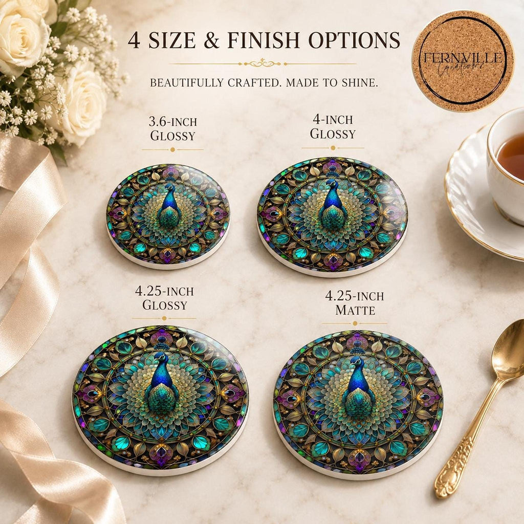 Peacock Ceramic Coaster, Jewel Tone Bird Decor, Ornate Floral Accent, Nature Lover Gift