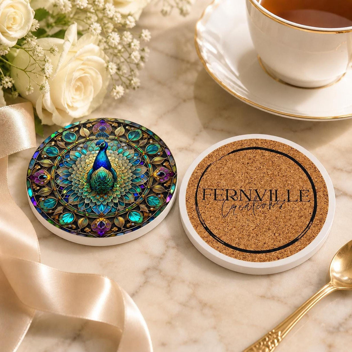 Peacock Ceramic Coaster, Jewel Tone Bird Decor, Ornate Floral Accent, Nature Lover Gift