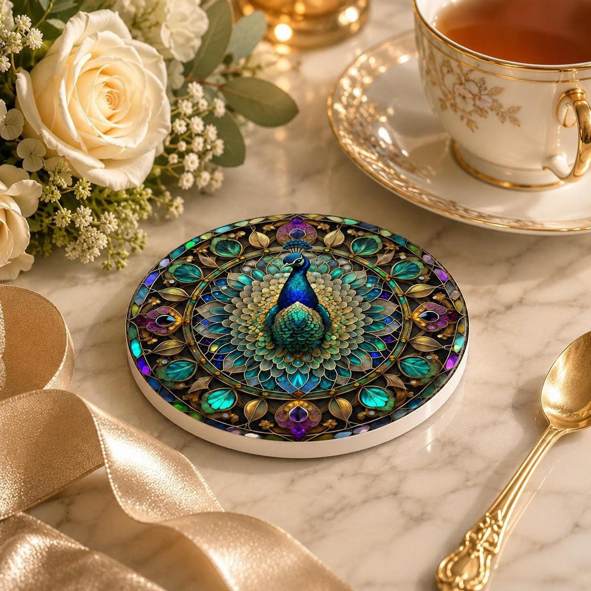 Peacock Ceramic Coaster, Jewel Tone Bird Decor, Ornate Floral Accent, Nature Lover Gift