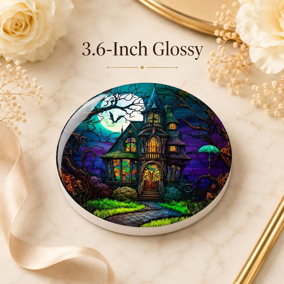 Halloween Coaster, Ceramic Haunted House Drink Mat With Glossy or Matte Finish