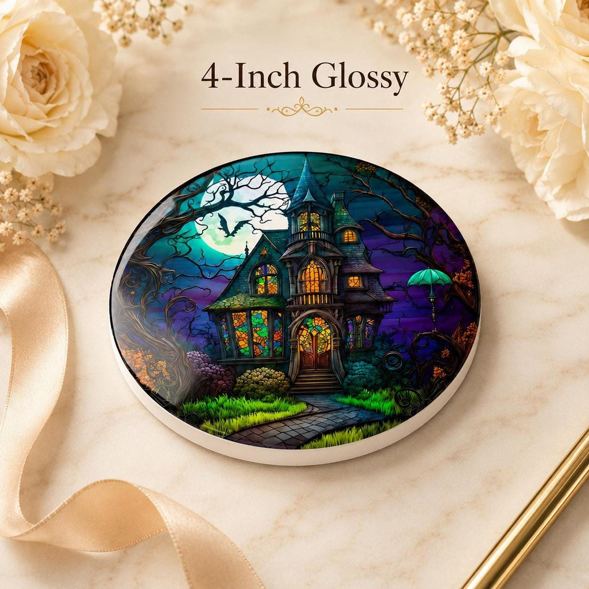 Halloween Coaster, Ceramic Haunted House Drink Mat With Glossy or Matte Finish