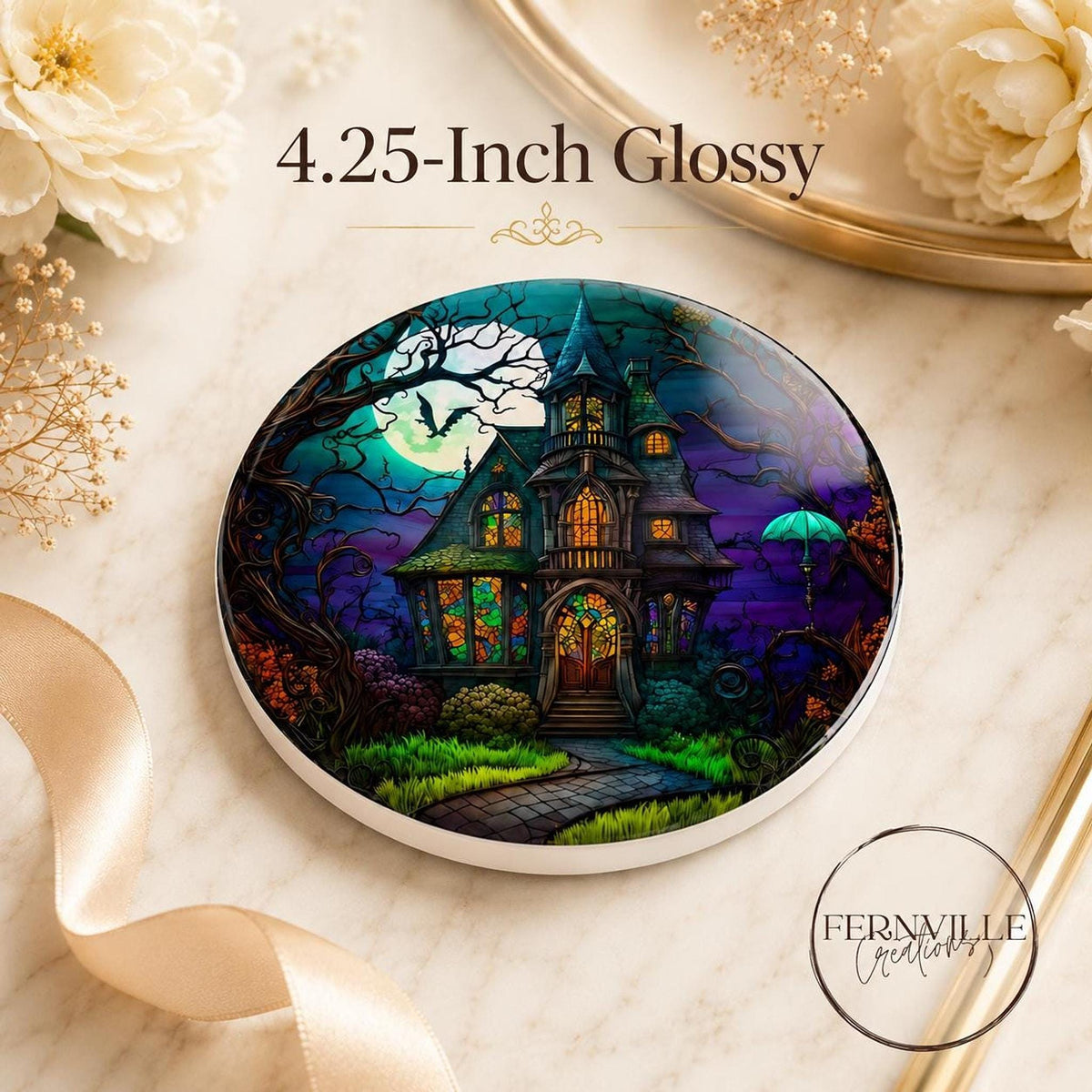 Halloween Coaster, Ceramic Haunted House Drink Mat With Glossy or Matte Finish
