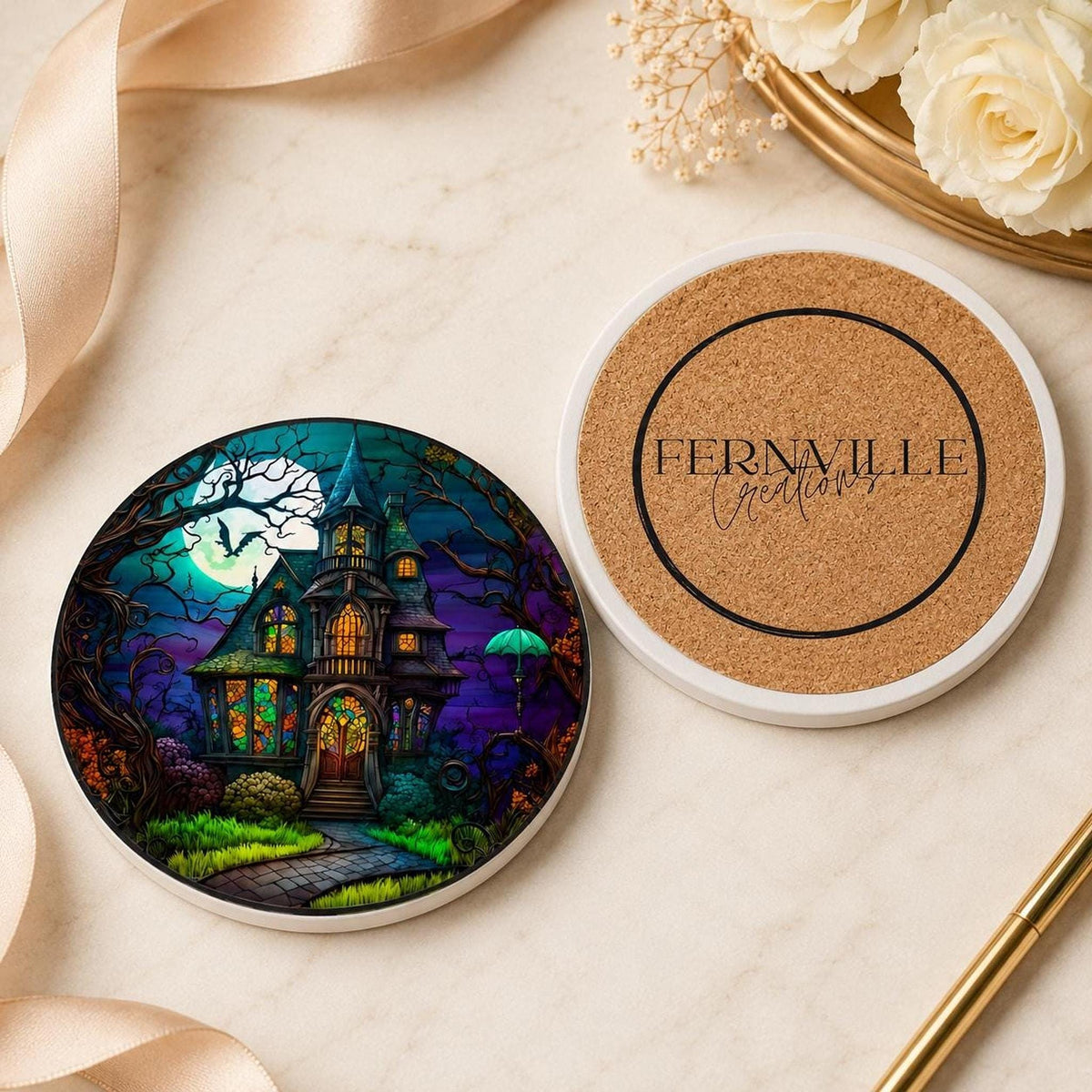 Halloween Coaster, Ceramic Haunted House Drink Mat With Glossy or Matte Finish
