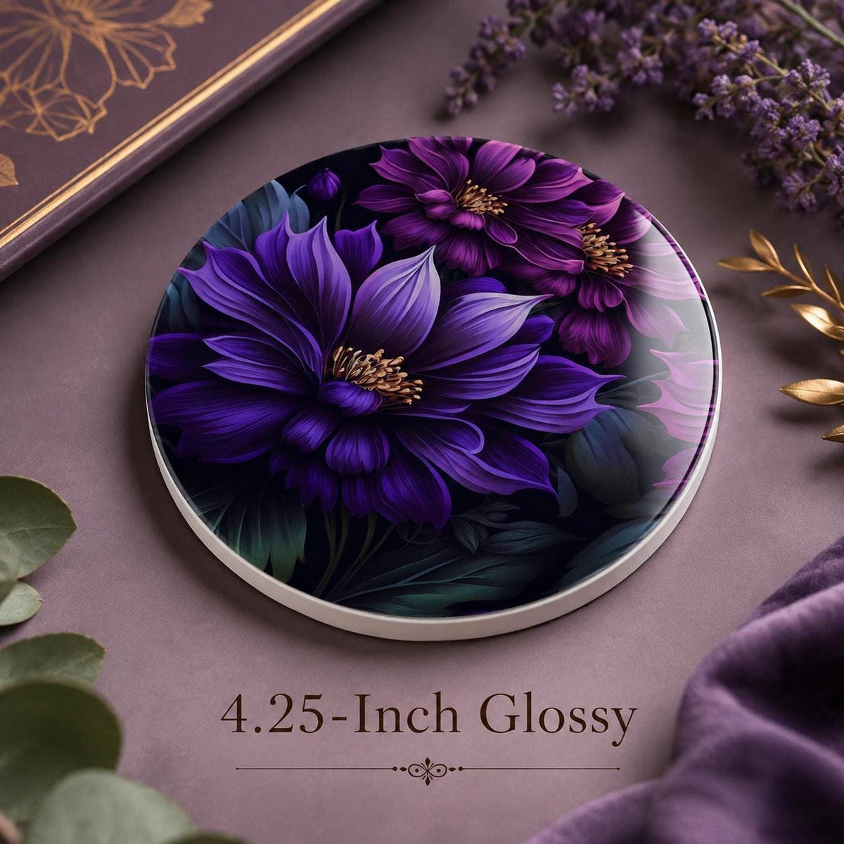 Floral Coaster, Purple Ceramic Botanical Accent, Glossy or Matte Finish