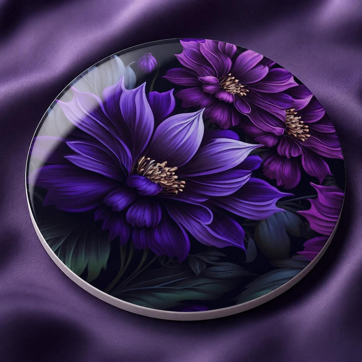 Floral Coaster, Purple Ceramic Botanical Accent, Glossy or Matte Finish