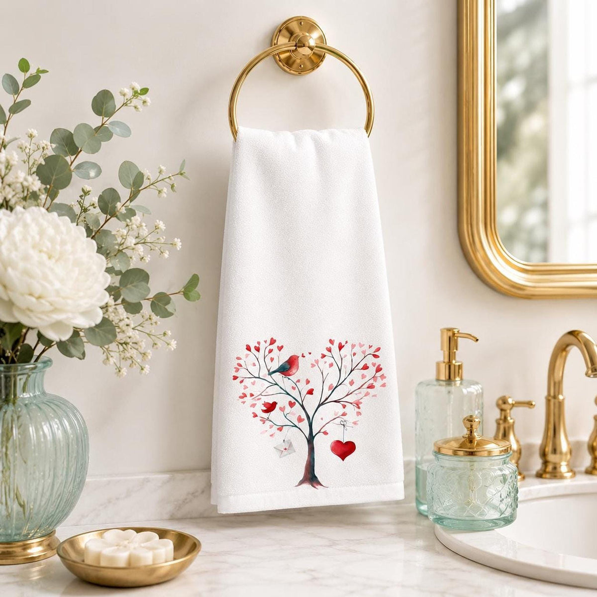 Valentine Towel, White Cotton Terrycloth Guest Bath Accent with Love Birds