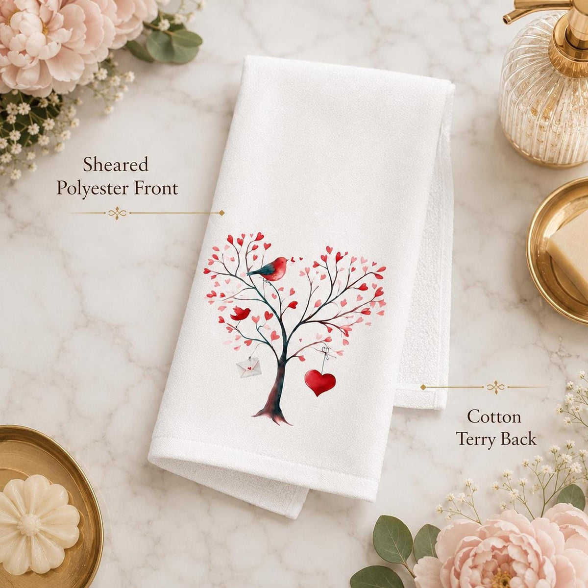 Valentine Towel, White Cotton Terrycloth Guest Bath Accent with Love Birds