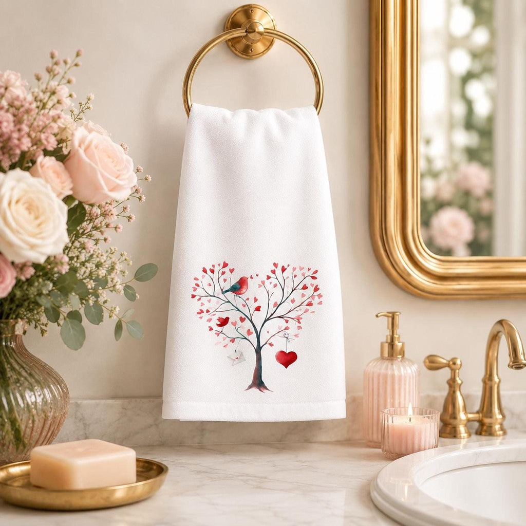 Valentine Towel, White Cotton Terrycloth Guest Bath Accent with Love Birds