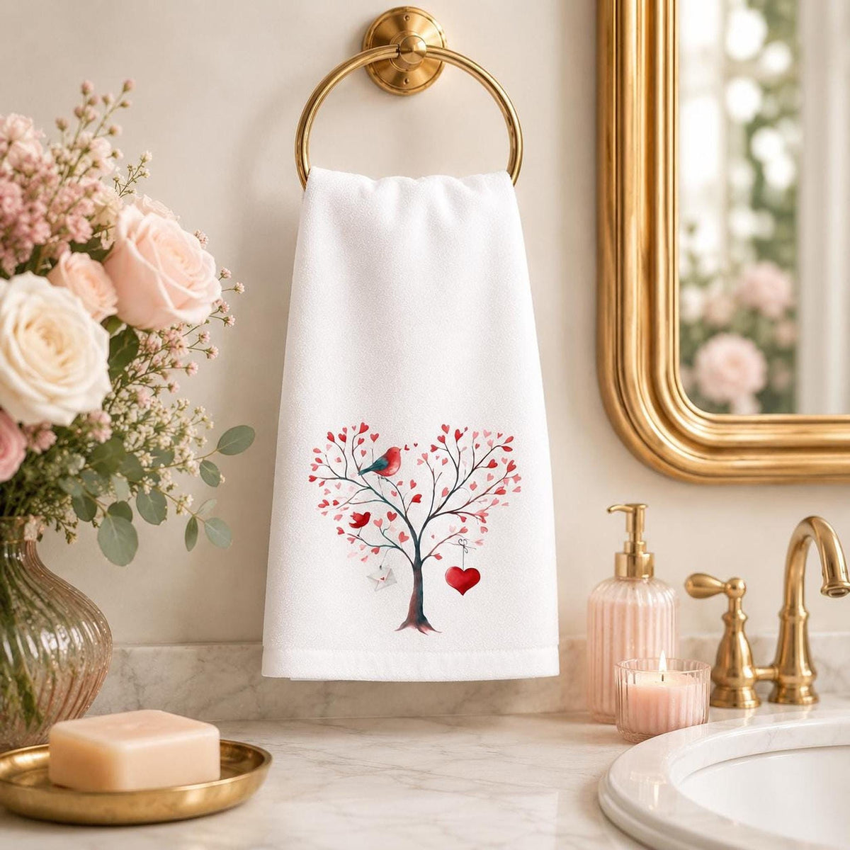 Valentine Towel, White Cotton Terrycloth Guest Bath Accent with Love Birds
