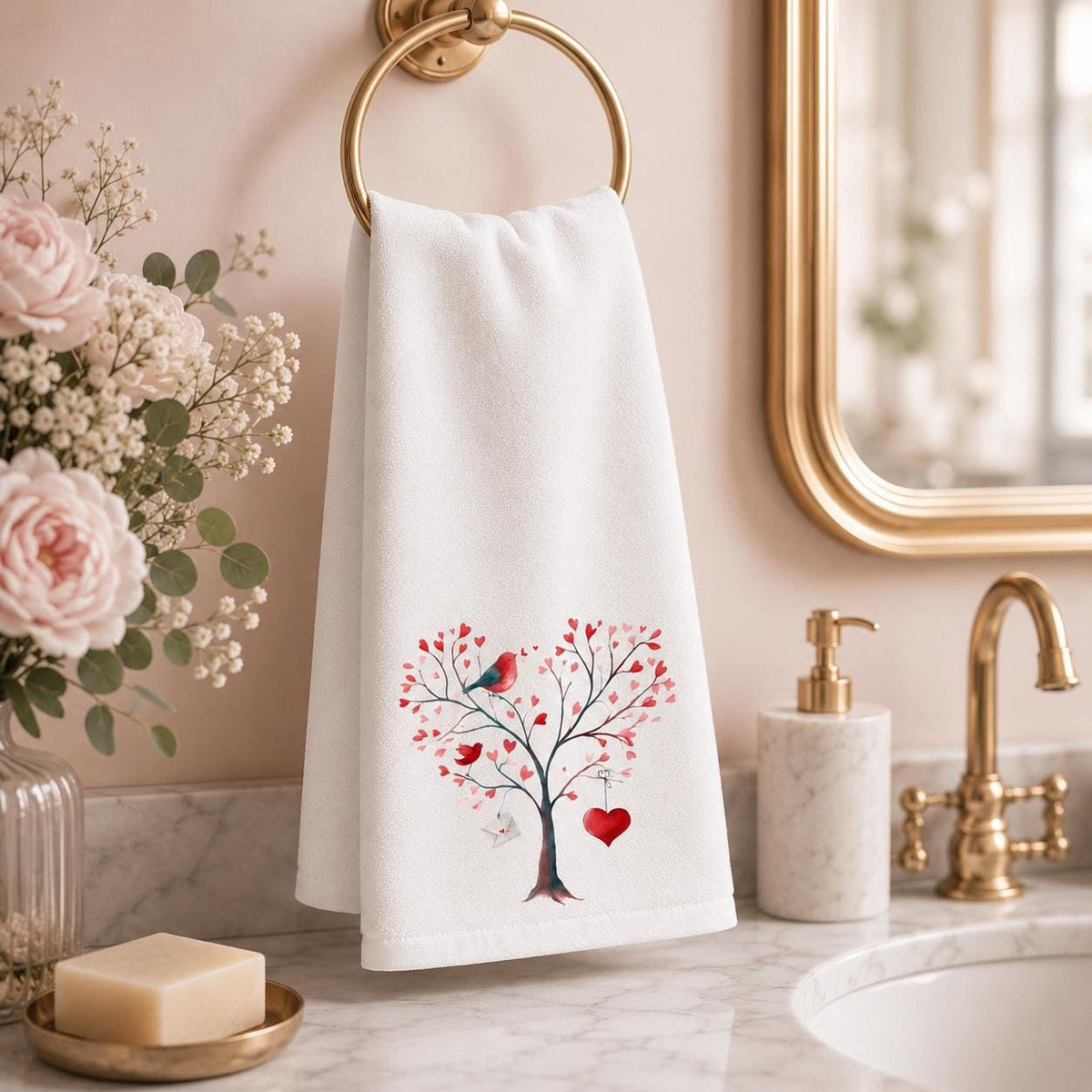 Valentine Towel, White Cotton Terrycloth Guest Bath Accent with Love Birds