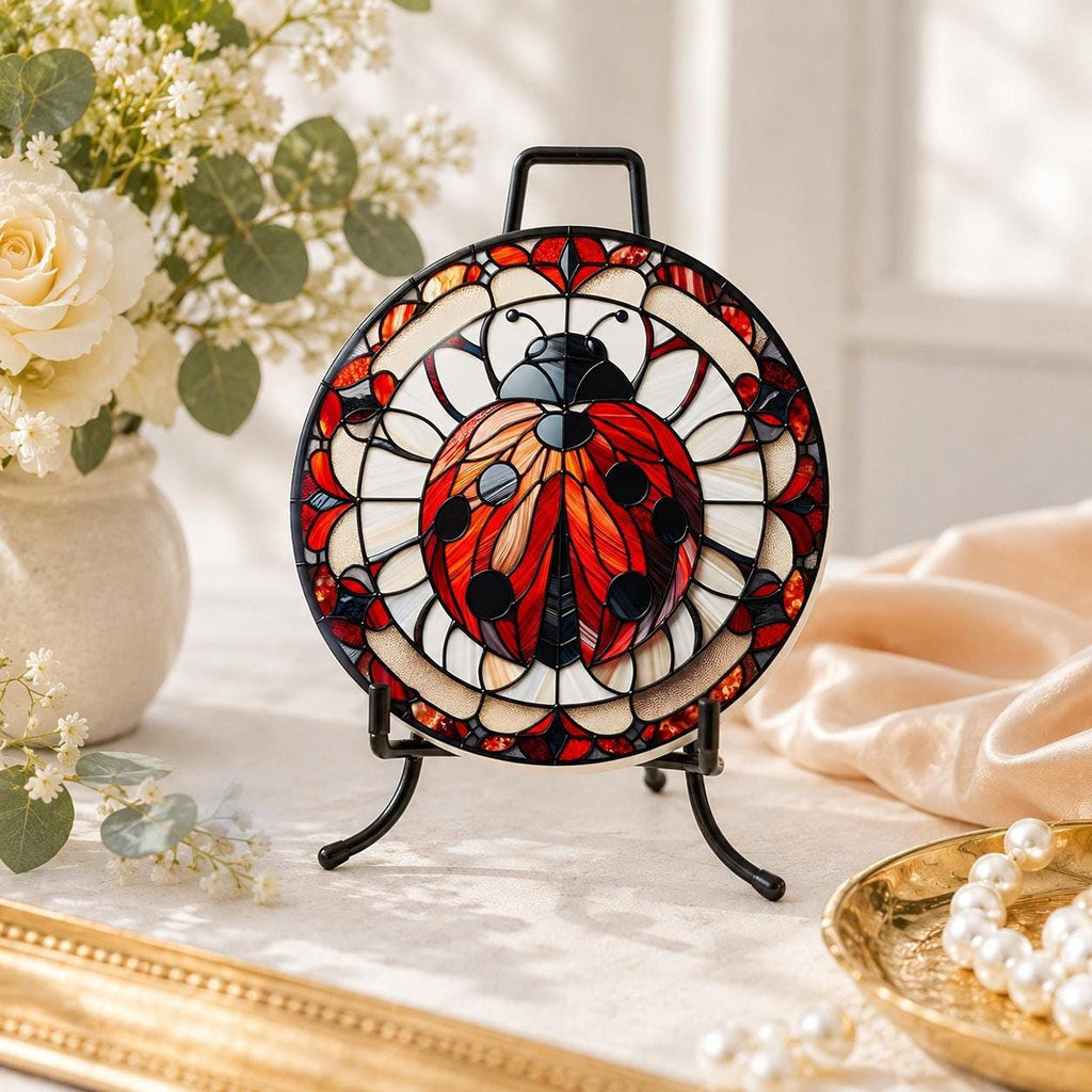 Ladybug Coaster, Ceramic Daisy Garden Decor with Glossy or Matte Finish