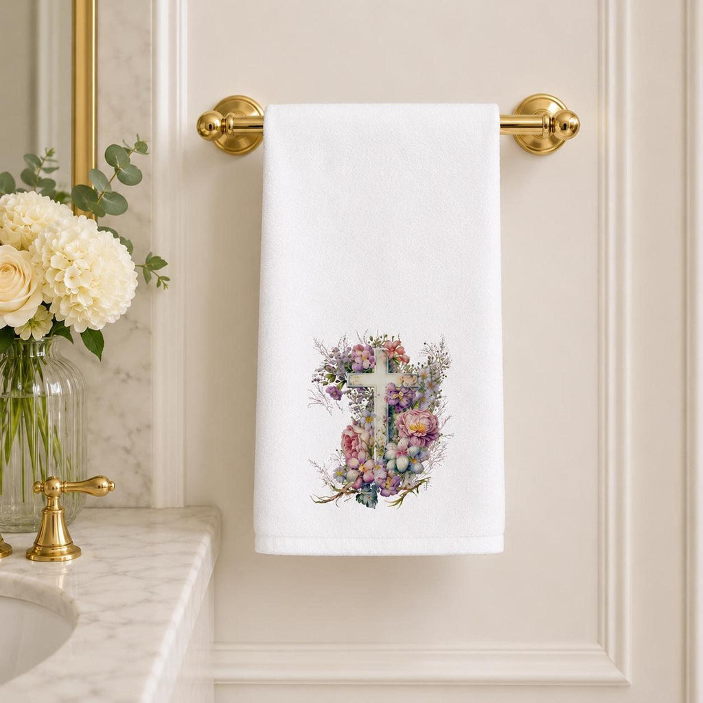 Floral Cross Towel, 15 × 25-Inch Sheared Polyester Front, Cotton Terrycloth Back