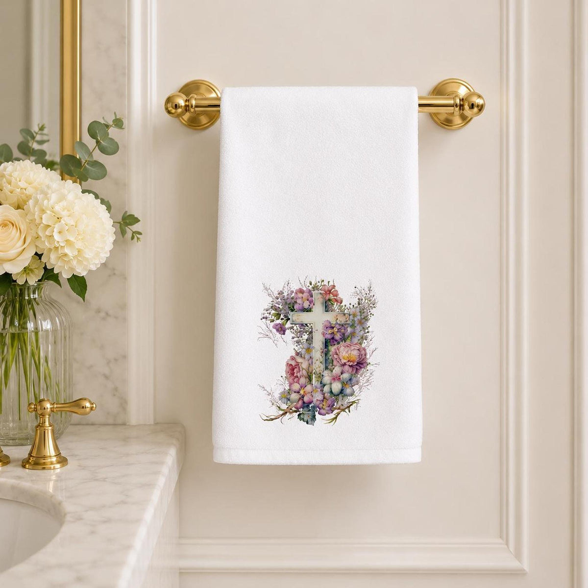 Floral Cross Towel, 15 × 25-Inch Sheared Polyester Front, Cotton Terrycloth Back