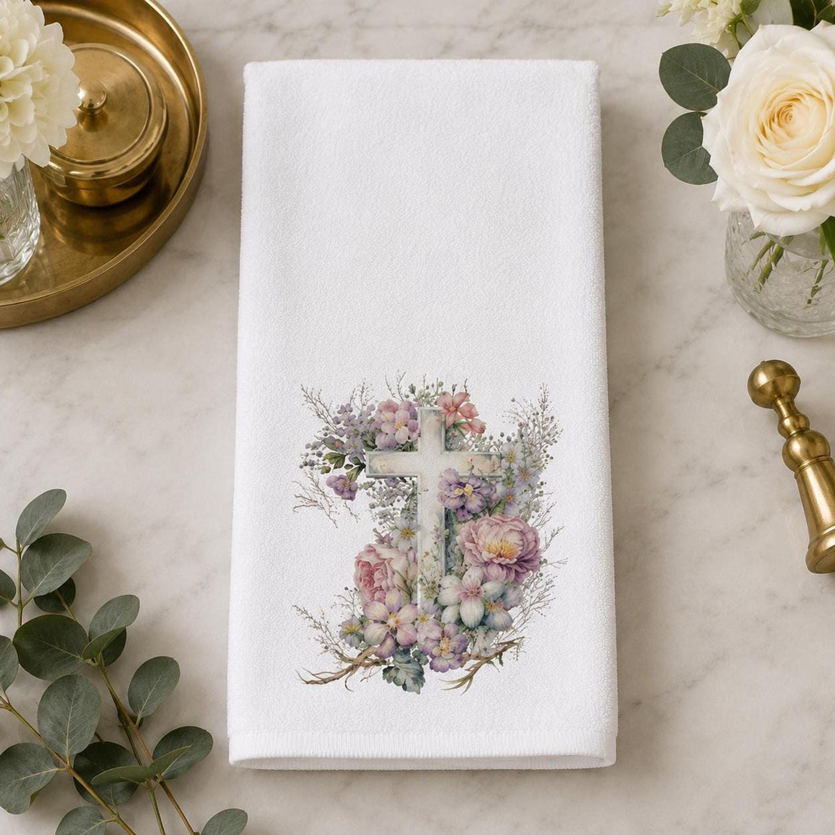 Floral Cross Towel, 15 × 25-Inch Sheared Polyester Front, Cotton Terrycloth Back