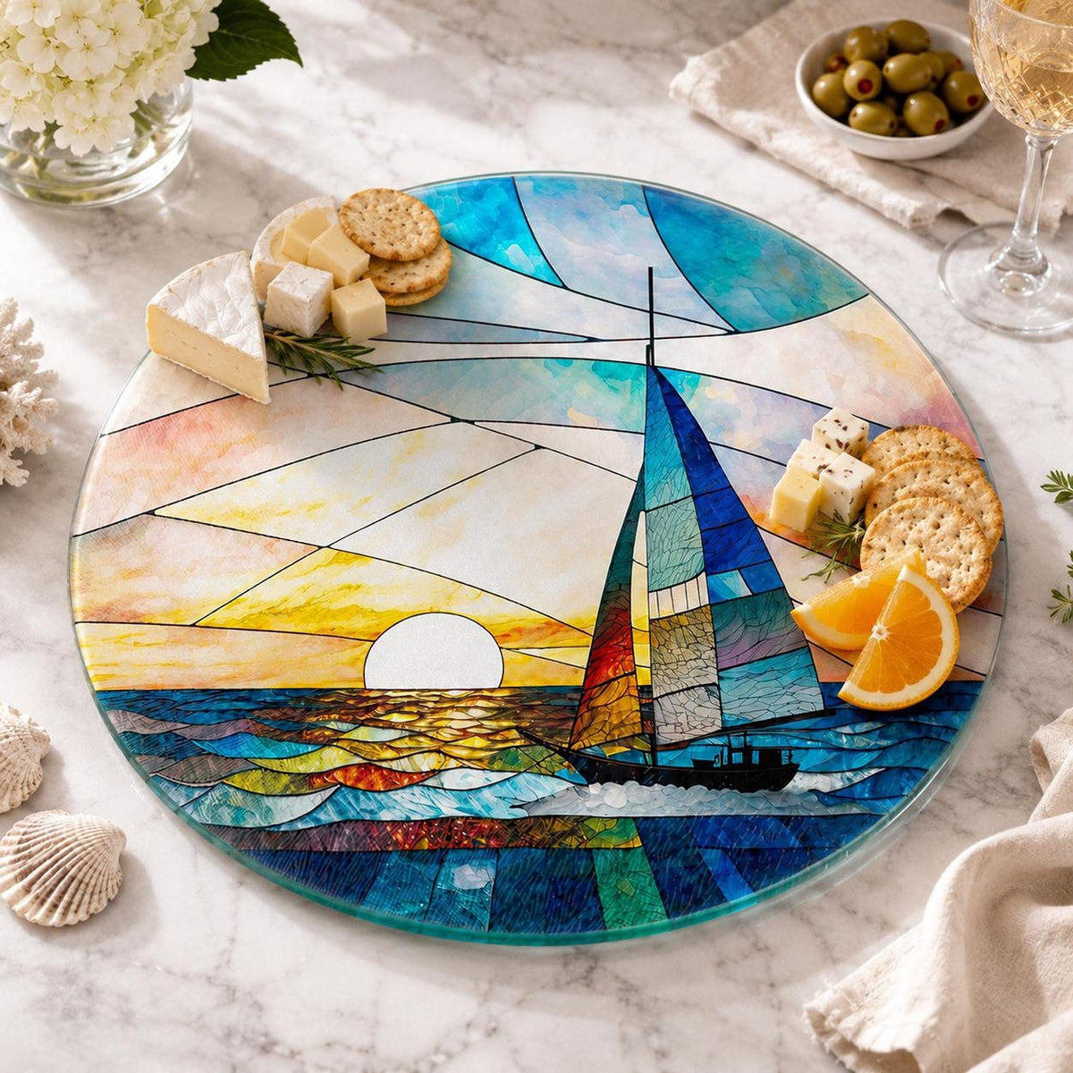 Round Cutting Board, Tempered Glass Sailboat Design, 8-Inch Or 12-Inch