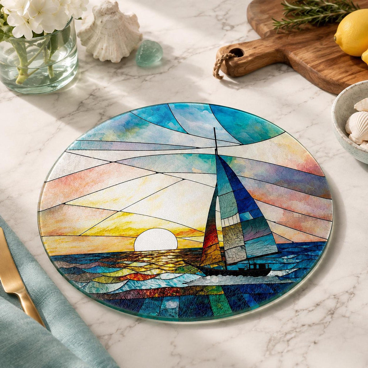 Round Cutting Board, Tempered Glass Sailboat Design, 8-Inch Or 12-Inch