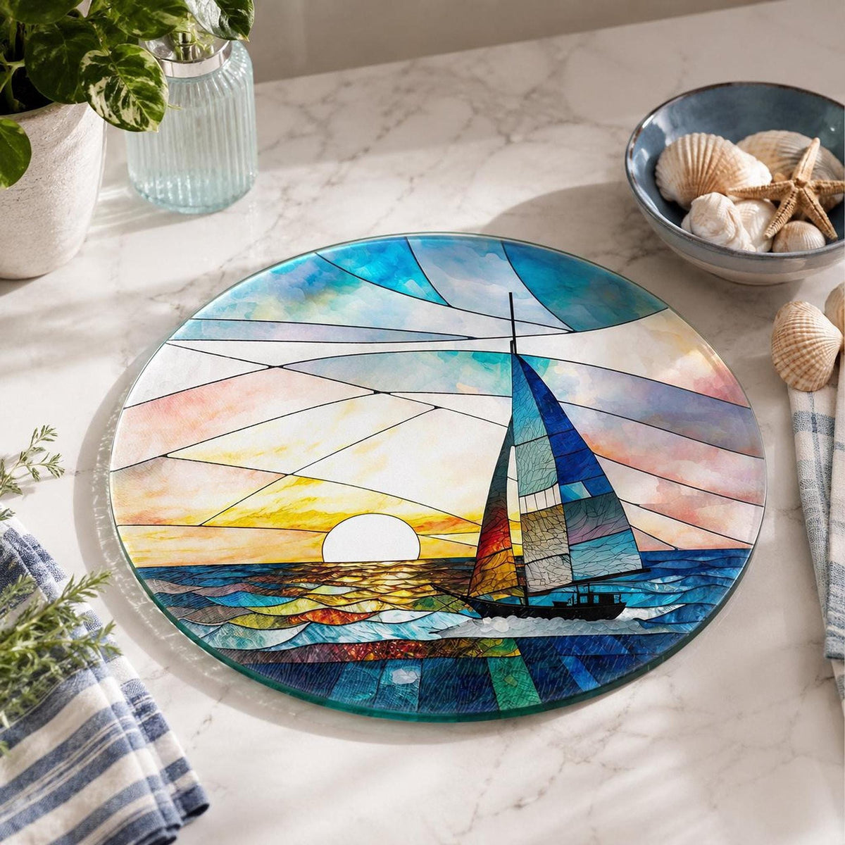 Round Cutting Board, Tempered Glass Sailboat Design, 8-Inch Or 12-Inch