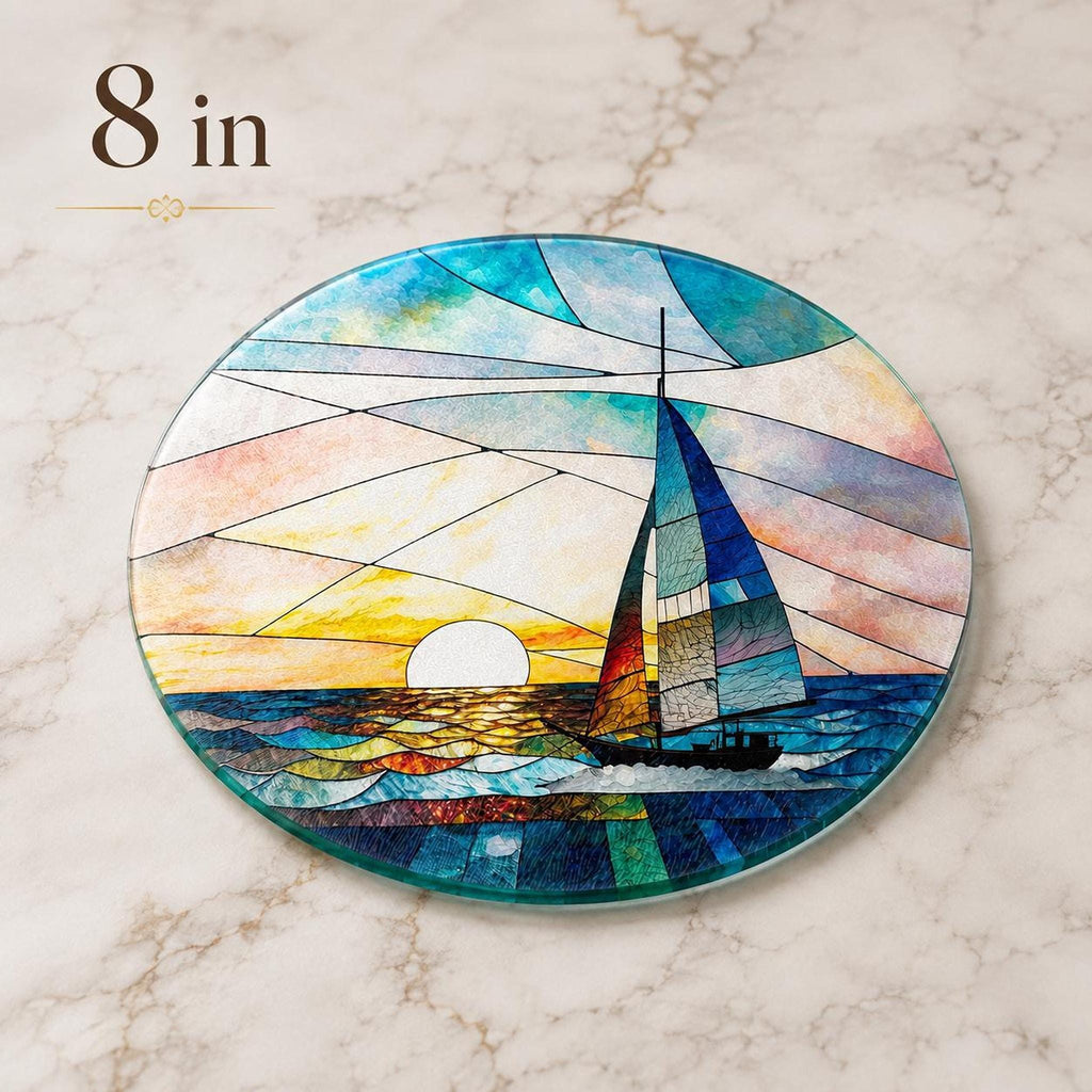 Round Cutting Board, Tempered Glass Sailboat Design, 8-Inch Or 12-Inch