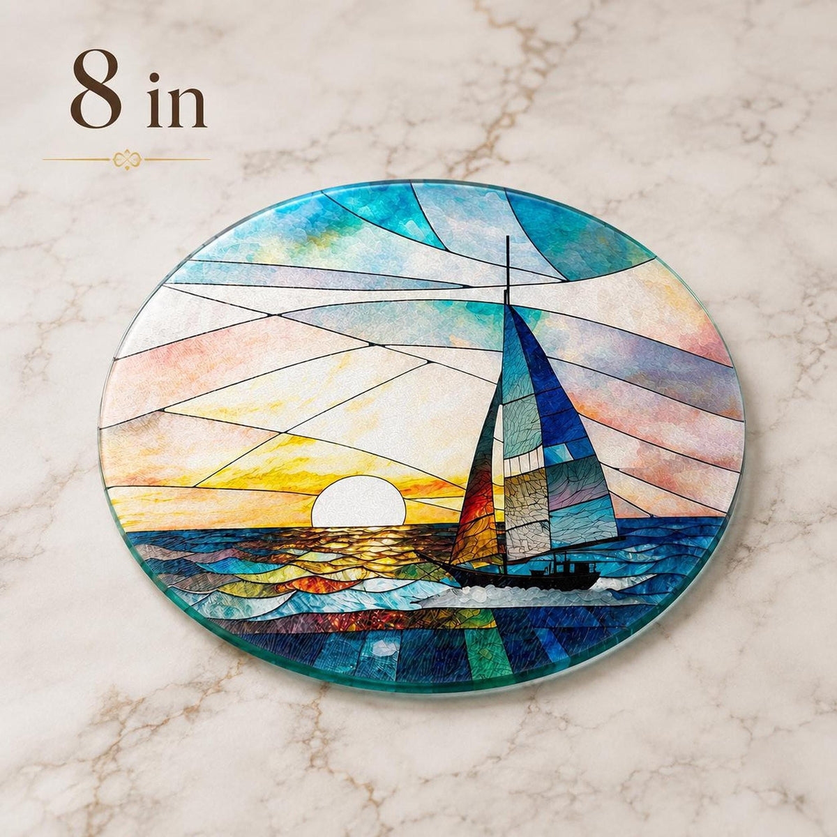 Round Cutting Board, Tempered Glass Sailboat Design, 8-Inch Or 12-Inch