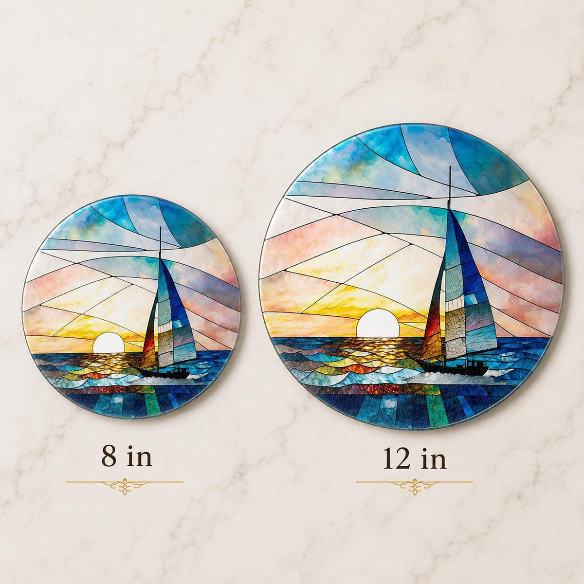 Round Cutting Board, Tempered Glass Sailboat Design, 8-Inch Or 12-Inch