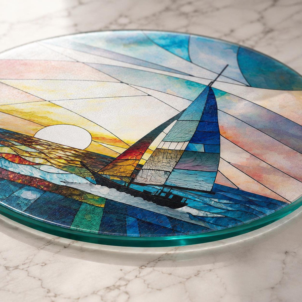 Round Cutting Board, Tempered Glass Sailboat Design, 8-Inch Or 12-Inch