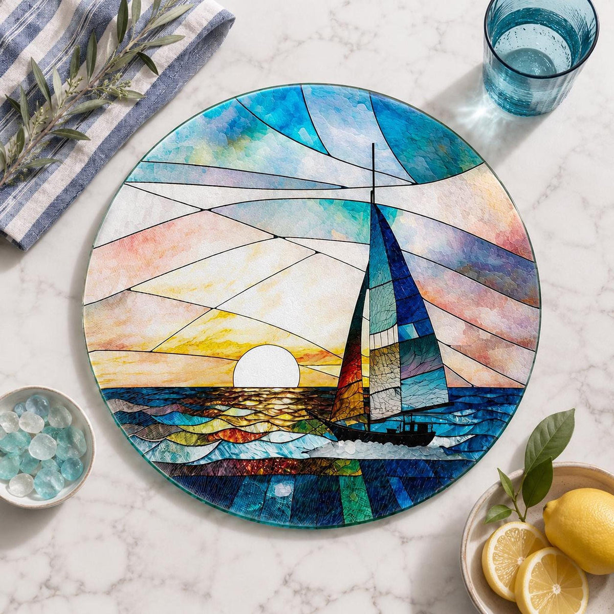 Round Cutting Board, Tempered Glass Sailboat Design, 8-Inch Or 12-Inch