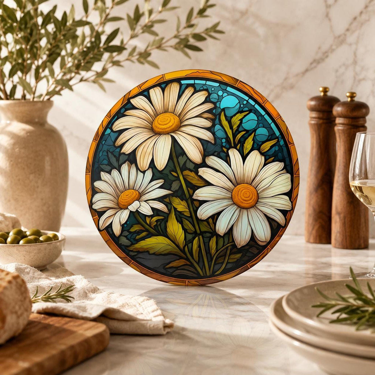 Daisy Cutting Board, Round Tempered Glass Floral Serving Platter
