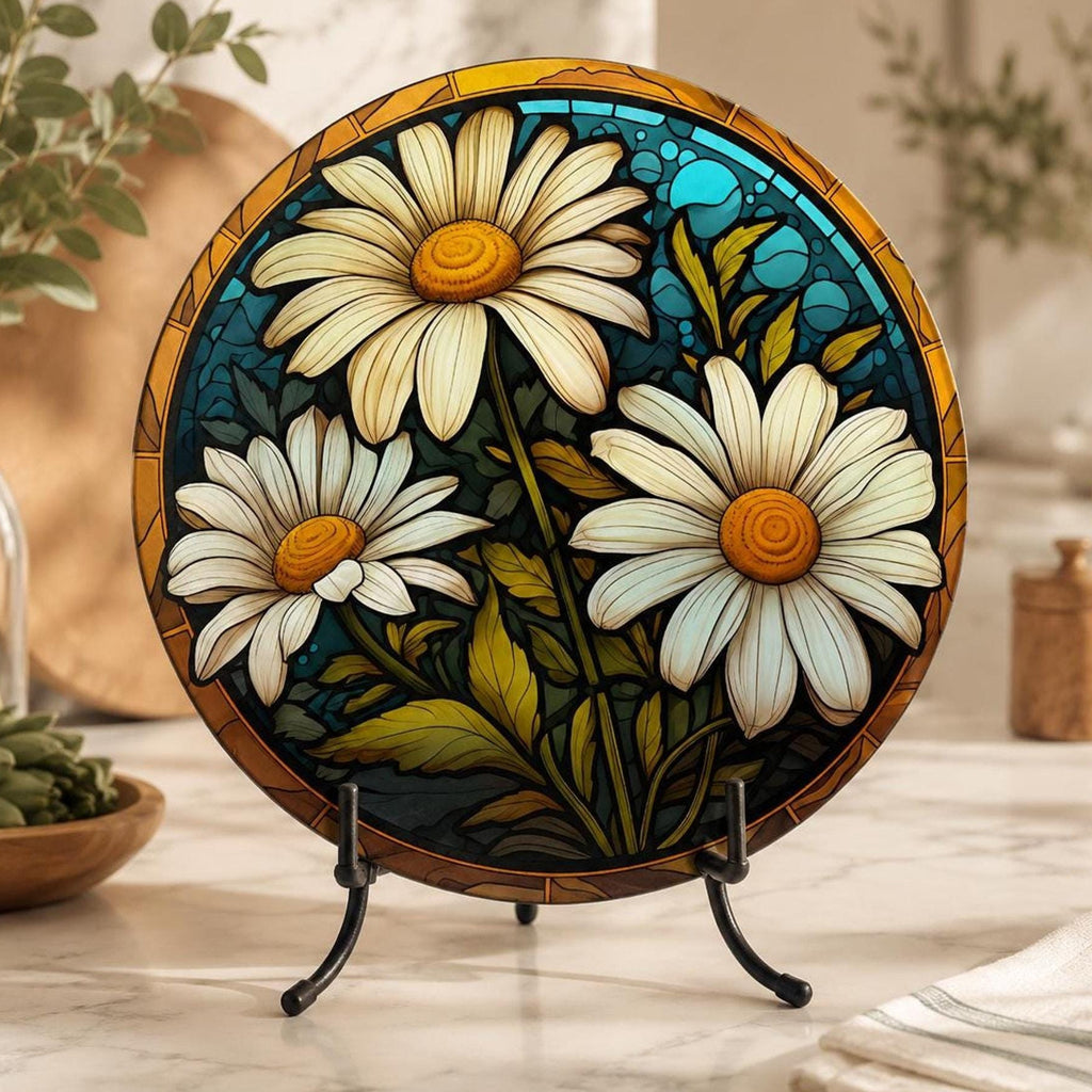 Daisy Cutting Board, Round Tempered Glass Floral Serving Platter