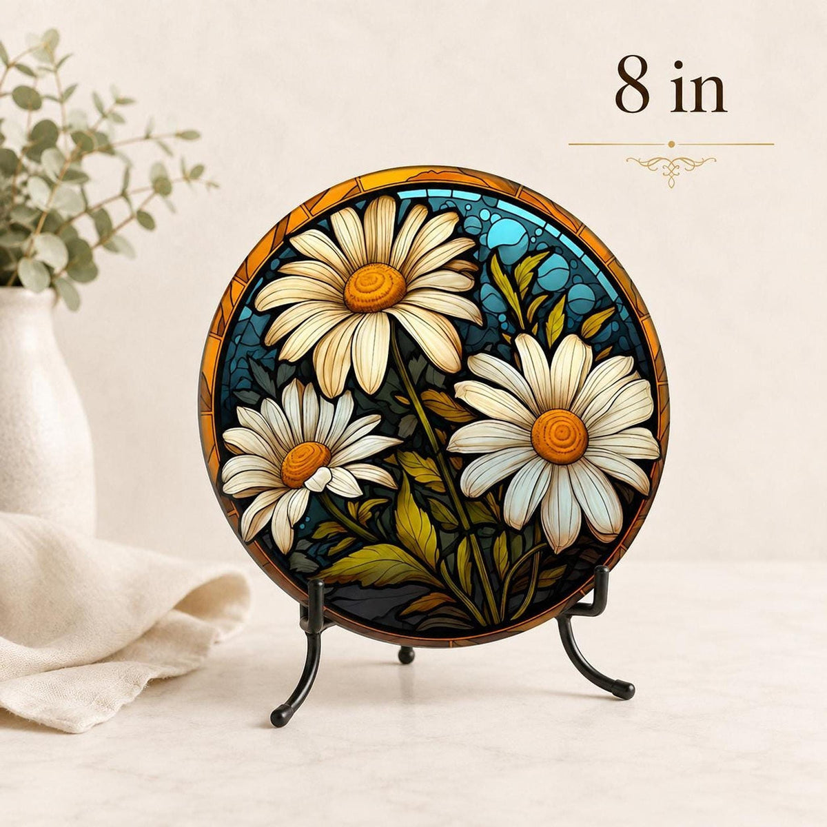Daisy Cutting Board, Round Tempered Glass Floral Serving Platter