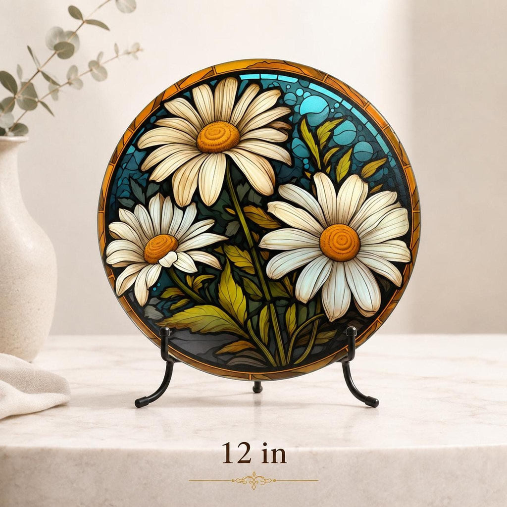 Daisy Cutting Board, Round Tempered Glass Floral Serving Platter