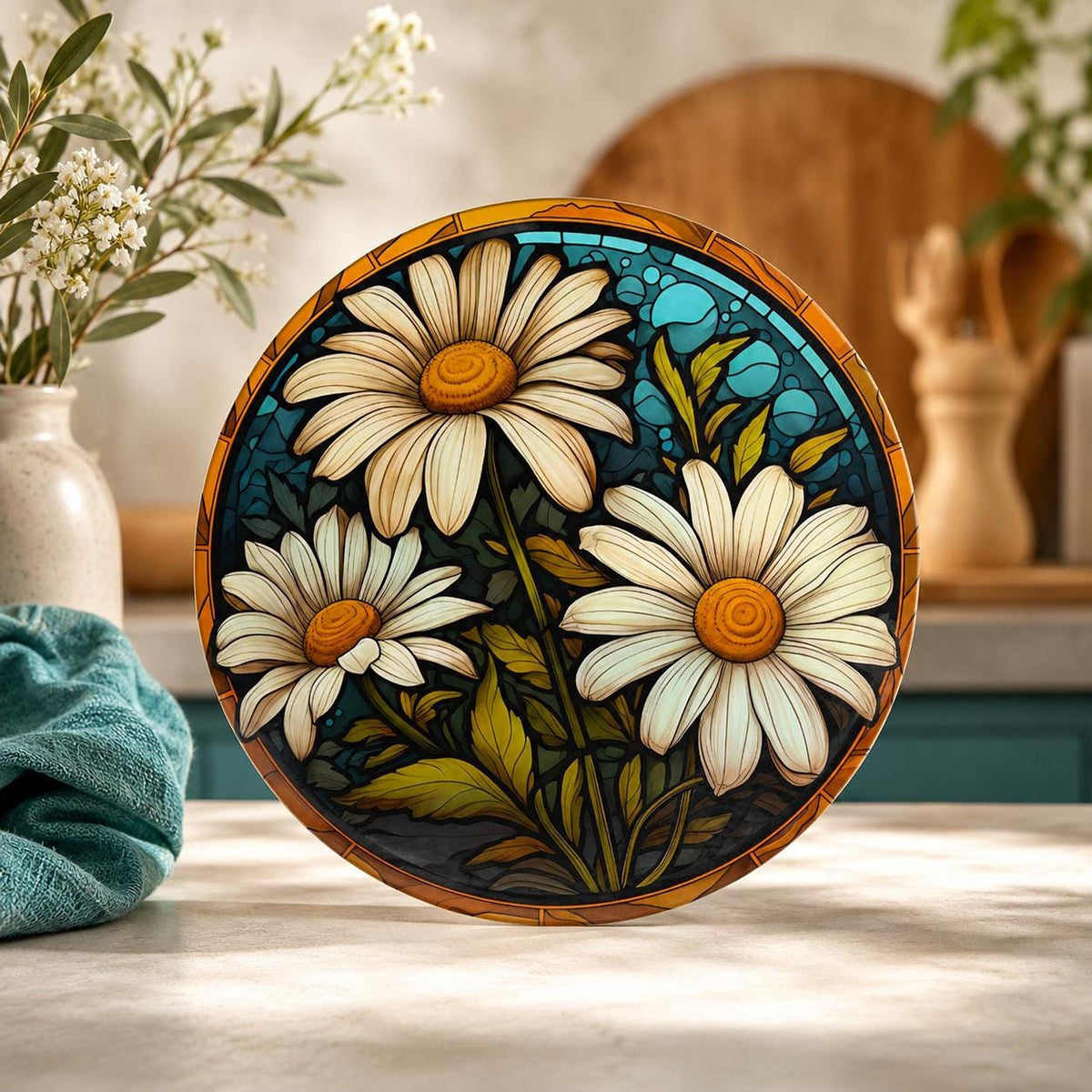 Daisy Cutting Board, Round Tempered Glass Floral Serving Platter