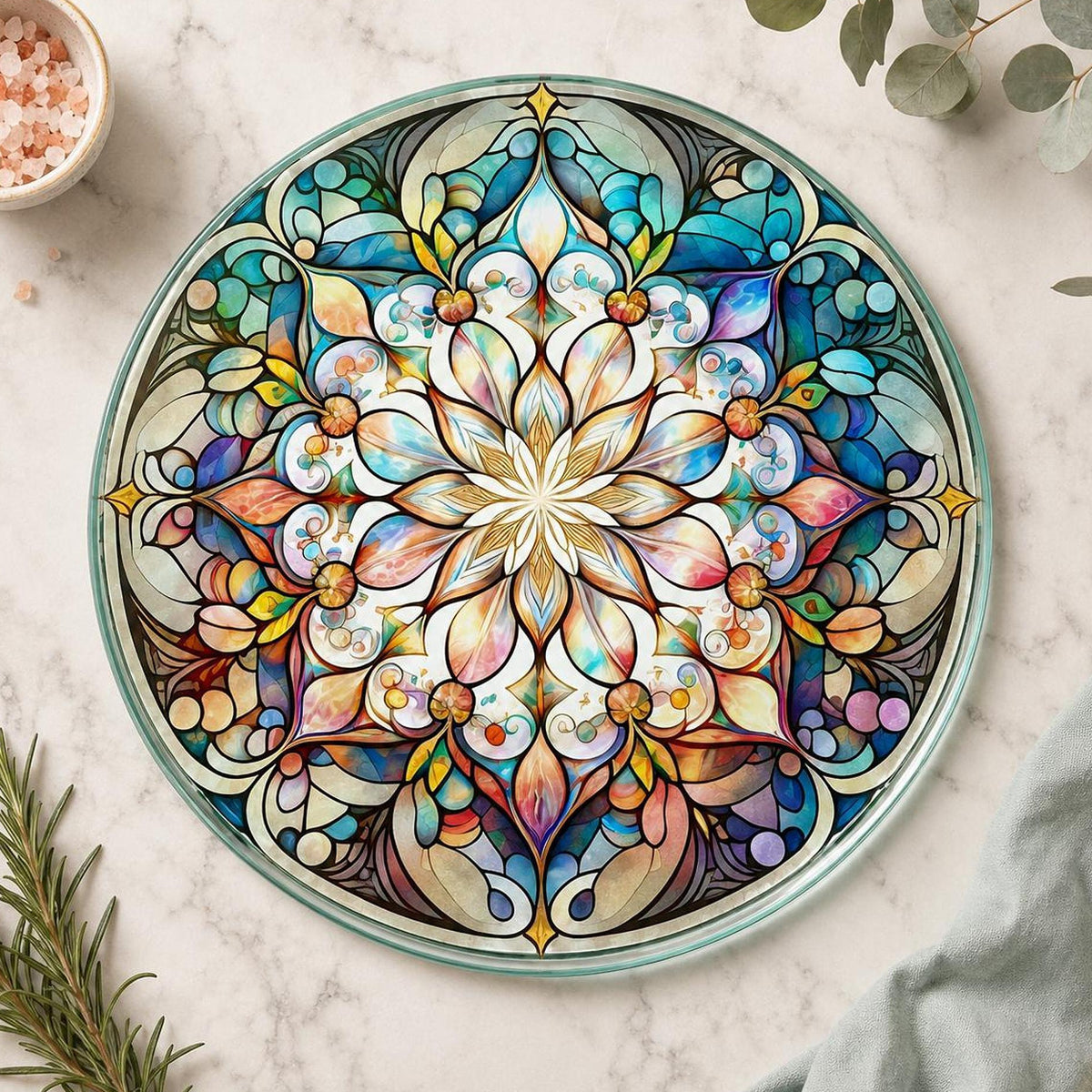 Glass Cutting Board, Round Mandala Serving Tray, 8-Inch Or 12-Inch