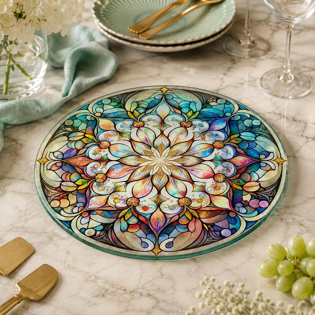 Glass Cutting Board, Round Mandala Serving Tray, 8-Inch Or 12-Inch