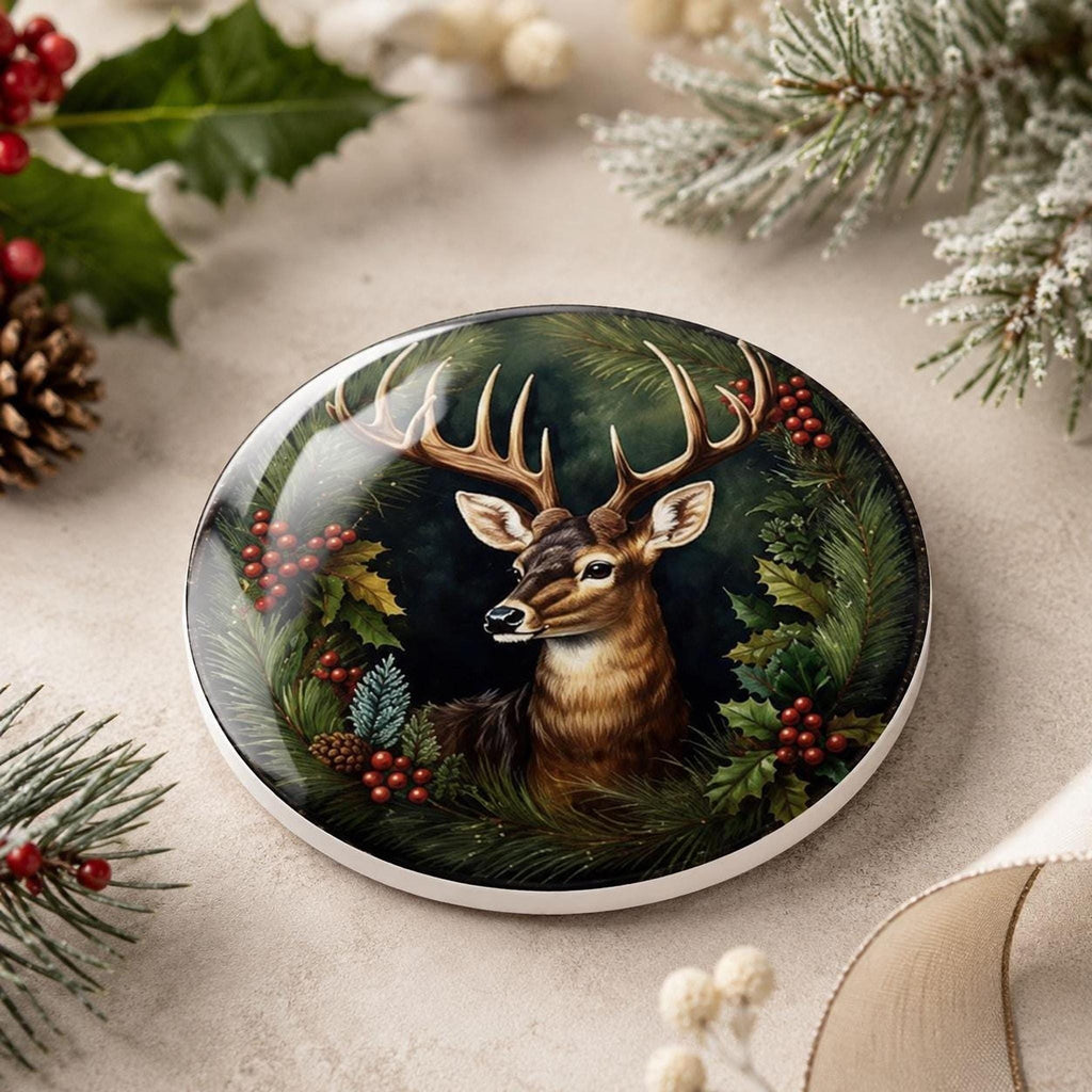 Holiday Deer Coaster, Ceramic Christmas Desk Decor with Cork Backing