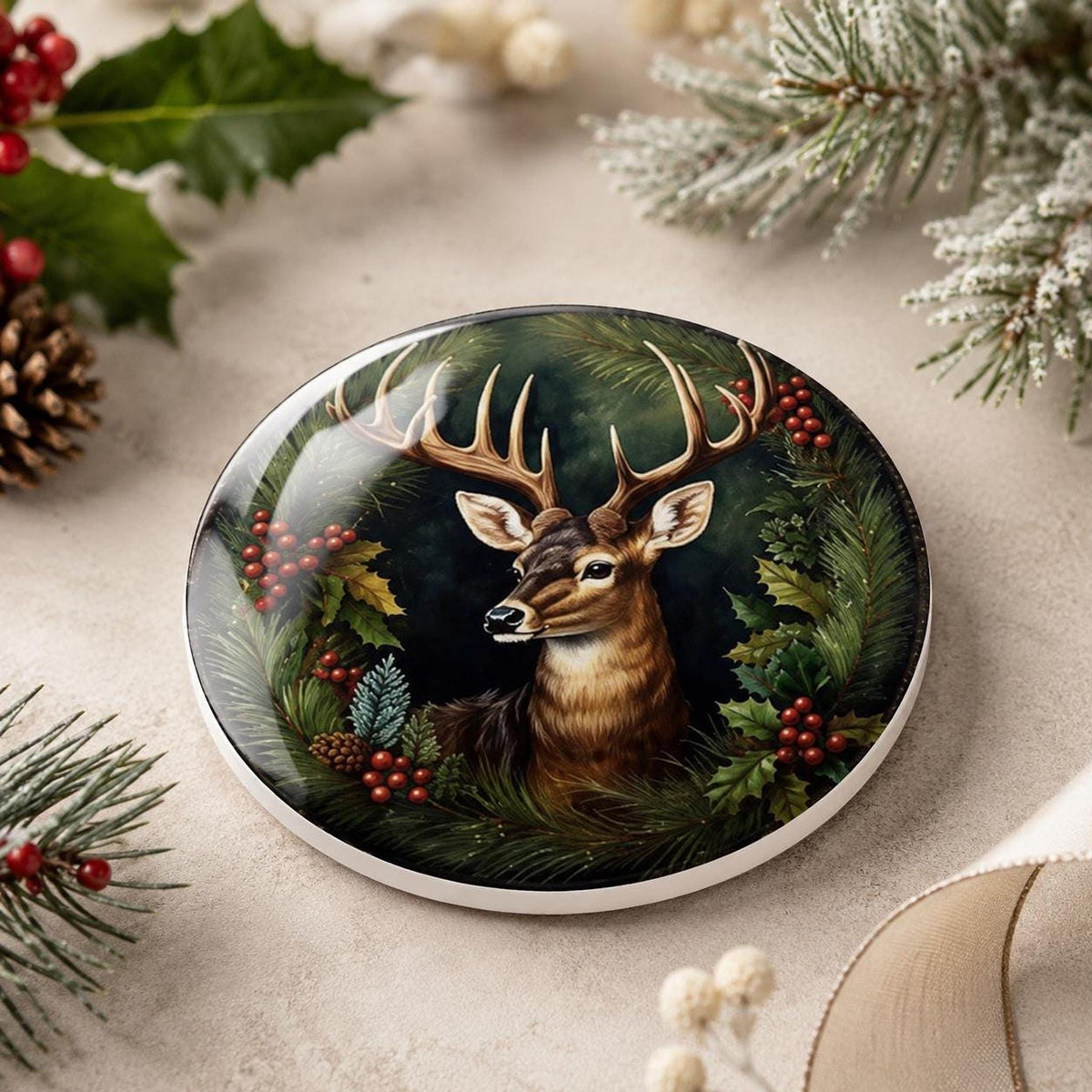 Holiday Deer Coaster, Ceramic Christmas Desk Decor with Cork Backing